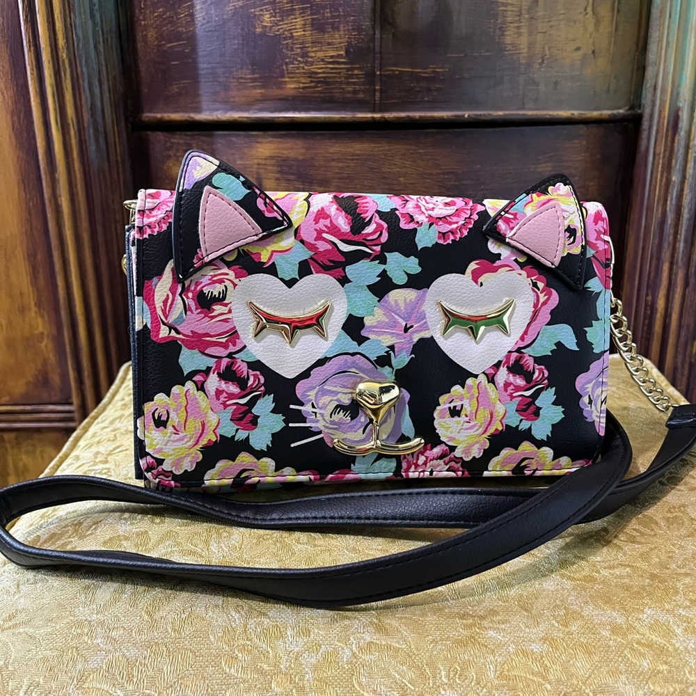 Betsey Johnson floral kitty cat crossbody clutch purse bag